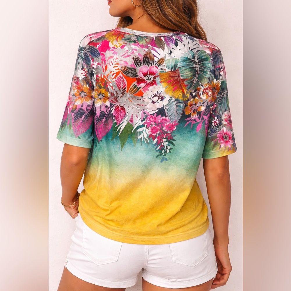 Robert Graham Multicolor Floral Ombre Short Sleeve Top